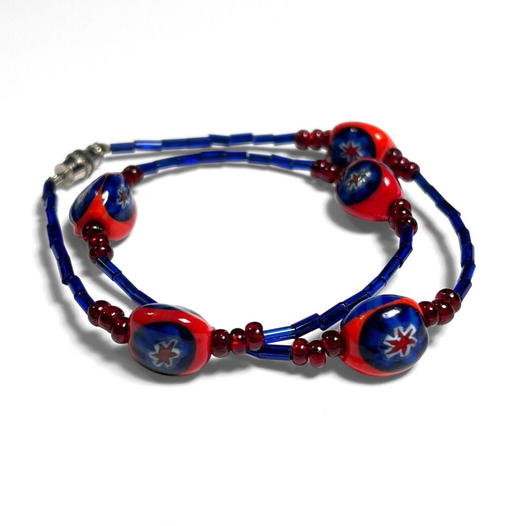 VTG Venetian Style Glass Bead Necklace Lampwork Star Choker Collar Red Blue 15"